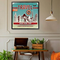 «Наслаждайтесь путешествиями» в интерьере комнаты в стиле ретро с проигрывателем виниловых пластинок