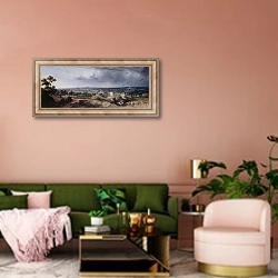 «Paris, vu des hauteurs de Montmartre» в интерьере современной гостиной с розовой стеной