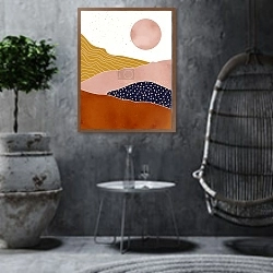 «Абстрактный пейзаж гор с солнцем 2» в интерьере в этническом стиле в серых тонах