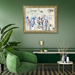 «Персонажи на пляже» в интерьере гостиной в зеленых тонах