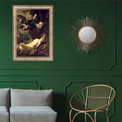 «The Sacrifice of Abraham, 1635» в интерьере классической гостиной с зеленой стеной над диваном