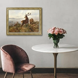 «Благородный олень на рассвете» в интерьере в классическом стиле над креслом
