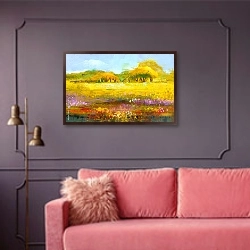 «Золотое поле» в интерьере гостиной с розовым диваном