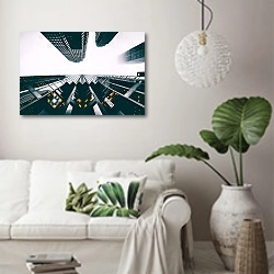 «Современные небоскребы, подпирающие облака» в интерьере светлой гостиной в скандинавском стиле над диваном