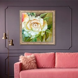 «Винтажные белые и желтые розы, деталь» в интерьере гостиной с розовым диваном