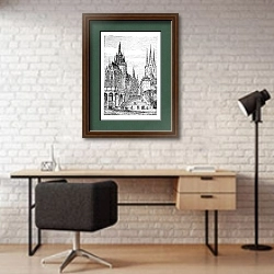 «Erfurt Cathedral in Thuringia, Germany, vintage engraving» в интерьере современного кабинета с кирпичными стенами