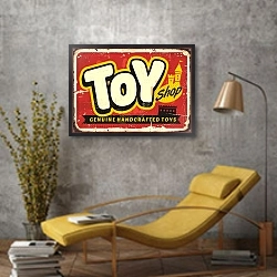 «Магазин игрушек, винтажная вывеска » в интерьере в стиле лофт с желтым креслом