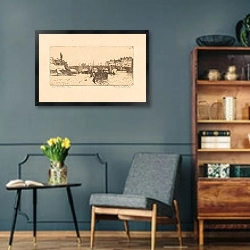 «Pont de la Tournelle in Parijs» в интерьере гостиной в стиле ретро в серых тонах