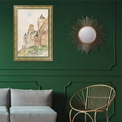 «Battlements of Carcassonne, France» в интерьере классической гостиной с зеленой стеной над диваном