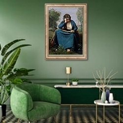 «The Reader Crowned with Flowers, or Virgil's Muse, 1845» в интерьере гостиной в зеленых тонах