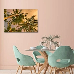 «Кокосовые пальмы в вечернем закате» в интерьере современной столовой в пастельных тонах