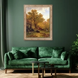 «Autumn Stroll» в интерьере зеленой гостиной над диваном