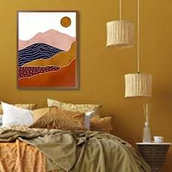 «Абстрактный пейзаж гор с солнцем 1» в интерьере спальни  в этническом стиле в желтых тонах