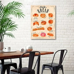 «Виды хлебобулочных изделий» в интерьере столовой в скандинавском стиле с кирпичной стеной