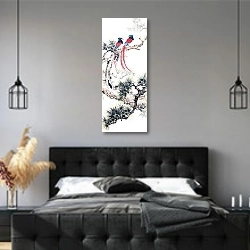 «Живопись в китайском стиле 4» в интерьере современной спальни с черной кроватью