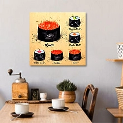 «Роллы Маки и Гунканы» в интерьере кухни над обеденным столом с кофемолкой