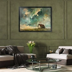 «Mosaic of thunderclouds» в интерьере гостиной в оливковых тонах