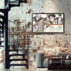«Arrow collars, Cluett shirts» в интерьере двухярусной гостиной в стиле лофт с кирпичной стеной