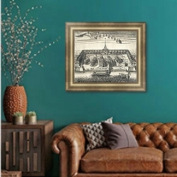 «Вид Адмиралтейской верфи в Санкт-Петербурге 2» в интерьере гостиной с зеленой стеной над диваном