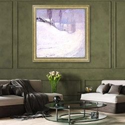 «Круглая горная дорога» в интерьере гостиной в оливковых тонах