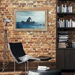 «Слон в лодке в море» в интерьере кабинета в стиле лофт с кирпичными стенами