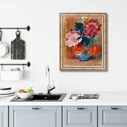 «Тюльпаны и пионы в кувшине» в интерьере кухни над мойкой