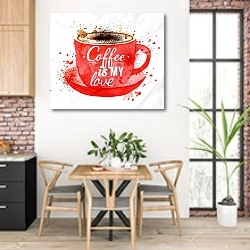 «Красная чашка кофе со взбитыми сливками» в интерьере кухни с кирпичными стенами над столом