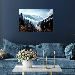 «Лесной ручей на фоне горных пиков в тумане» в интерьере современной гостиной в синем цвете