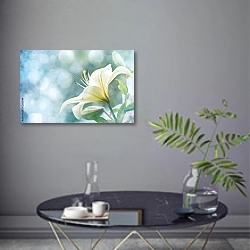 «Цветок белой лилии в контровом свете» в интерьере современной гостиной в серых тонах