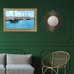 «The Landing Pier In Krems» в интерьере классической гостиной с зеленой стеной над диваном