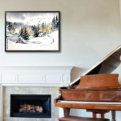 «Зимний пейзаж с горной деревней, покрытой снегом» в интерьере зеленой гостиной над диваном