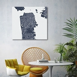 «Сан-Франциско: Карта Мечты в Сером Городе» в интерьере современной гостиной с желтым креслом