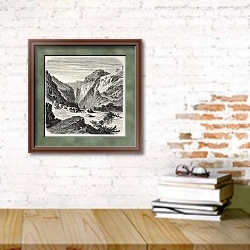 «Laramie river, Wyoming. Created by Janet-Lange, published on L'Illustration, Journal Universel, Pari» в интерьере кабинета с кирпичными стенами над столом с книгами