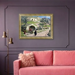«The Virgin Spring in Nazareth, 1882 1» в интерьере гостиной с розовым диваном