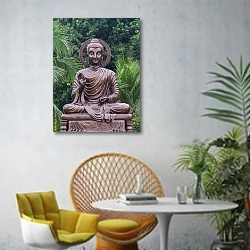 «Статуя будды» в интерьере современной гостиной с желтым креслом