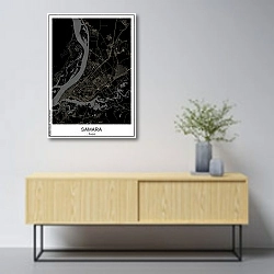 «План города Самара, Россия, в чёрном цвете» в интерьере в скандинавском стиле над тумбой
