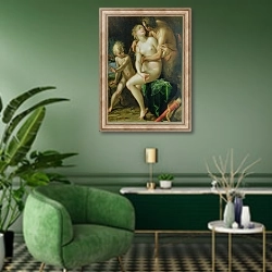 «Jupiter, Antiope and Cupid» в интерьере гостиной в зеленых тонах
