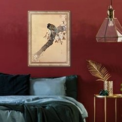 «Pheasant on cherry blossom branch» в интерьере спальни с акцентной стеной