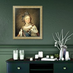 «Portrait of Empress Maria Fyodorovna 1» в интерьере прихожей в зеленых тонах над комодом