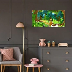 «cartoon scene with cute dog in forest, colorful illustration for children» в интерьере детской комнаты для девочки в серых тонах