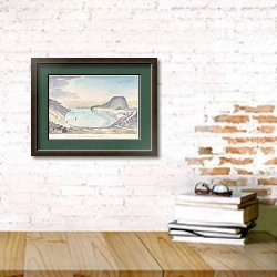 «Рождественская гавань, земля Кергелена» в интерьере кабинета с кирпичными стенами над столом с книгами