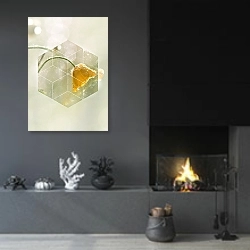 «Желтый лютик в геометрической фигуре» в интерьере гостиной в стиле минимализм с камином