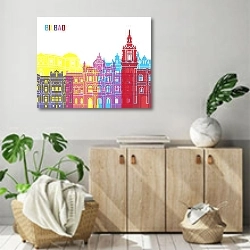 «Бильбао: яркие контуры небоскрёбов и исторических зданий» в интерьере современной комнаты над комодом