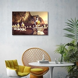 «Сад Будды, Бирма» в интерьере современной гостиной с желтым креслом