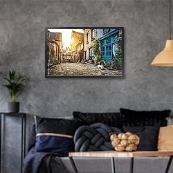 «Старый город в Европе на закате» в интерьере гостиной в стиле лофт в серых тонах