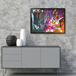 «Абстрактный пейзаж с оранжевыми цветами «Огонь души»» в интерьере в стиле минимализм над тумбой