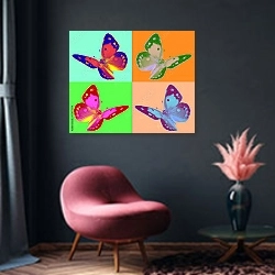 «Поп-арт бабочки» в интерьере яркой гостиной в стиле поп-арт с розовыми деталями