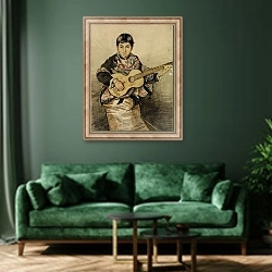 «Neapolitan woman with guitar» в интерьере зеленой гостиной над диваном