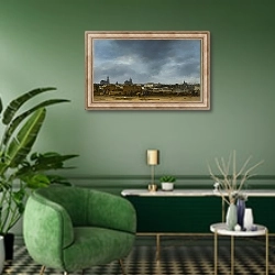 «Вид на Делфт после взрыва 1654 года» в интерьере гостиной в зеленых тонах