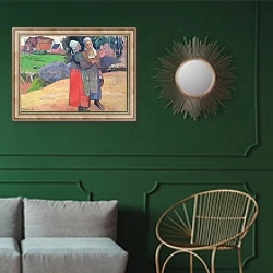 «Breton Peasants, 1894» в интерьере классической гостиной с зеленой стеной над диваном